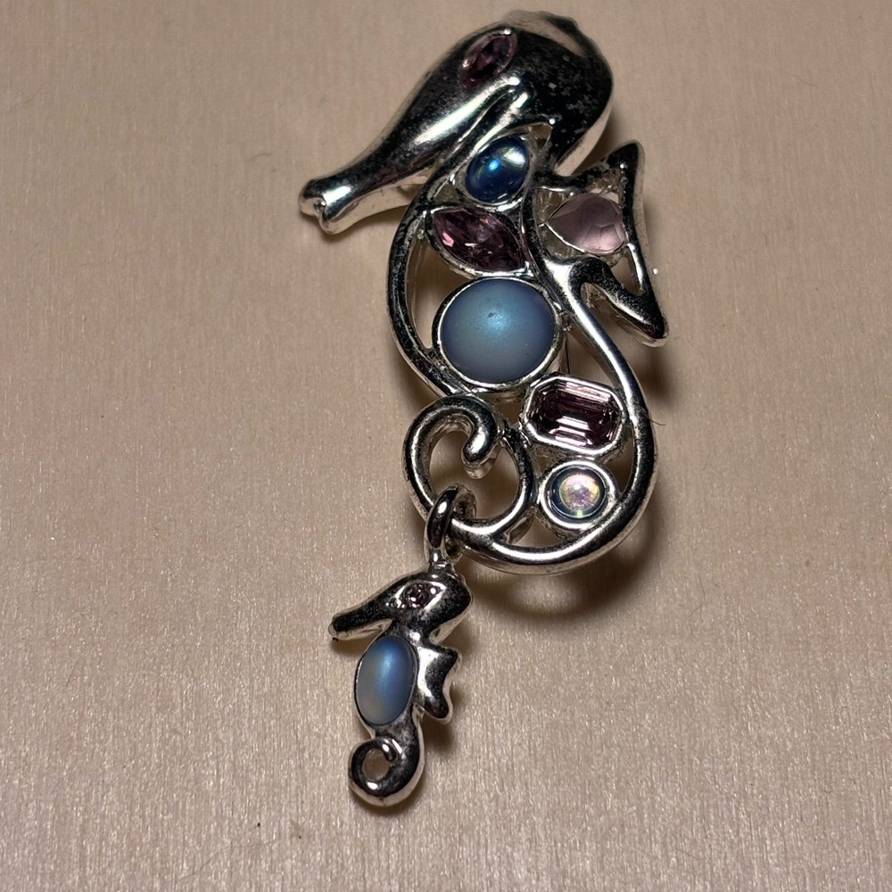 Silver Tone Opalescent & Pink Crystal Seahorse Dangle Brooch Pin